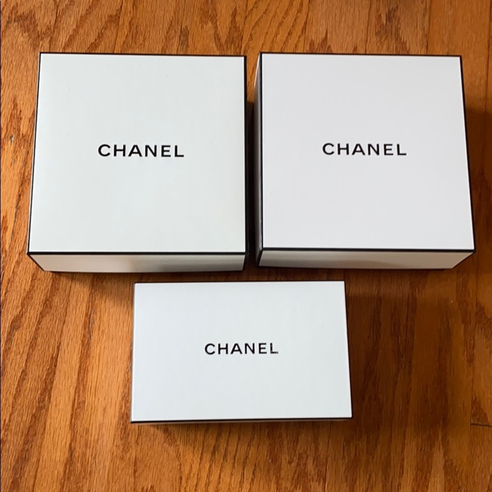 Three EMPTY Chanel Boxes: two 9”x9”; one 9”x5.5”